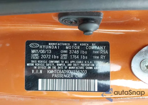 2013 Hyundai Veloster Base W/Black z USA, uszkodzony, nr VIN KMHTC6AD9DU156203